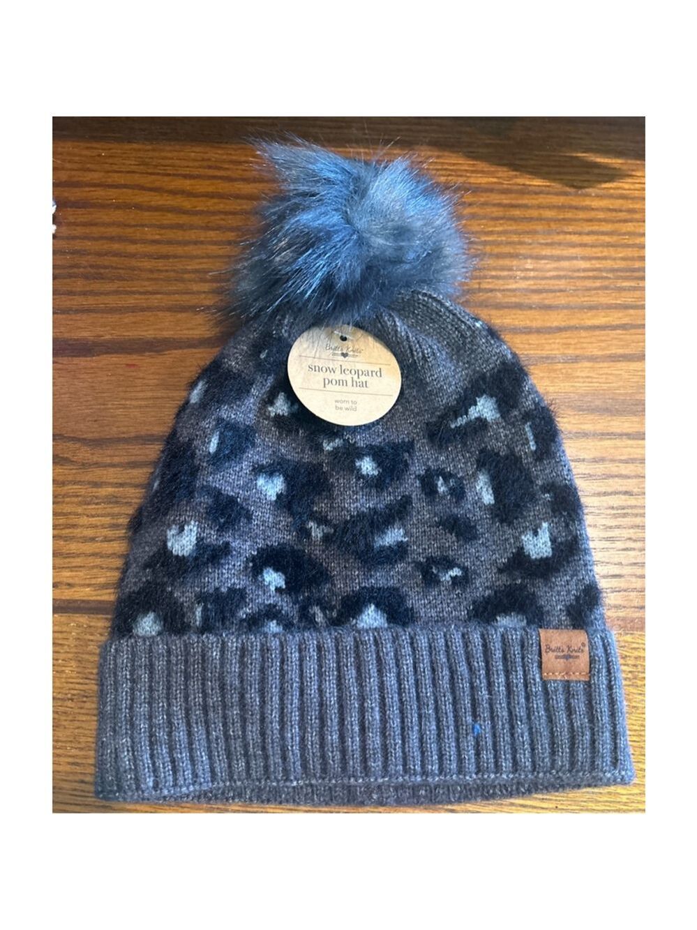 Women's Britt's Knits Gray Black Snow Leopard Pom Hat One Size